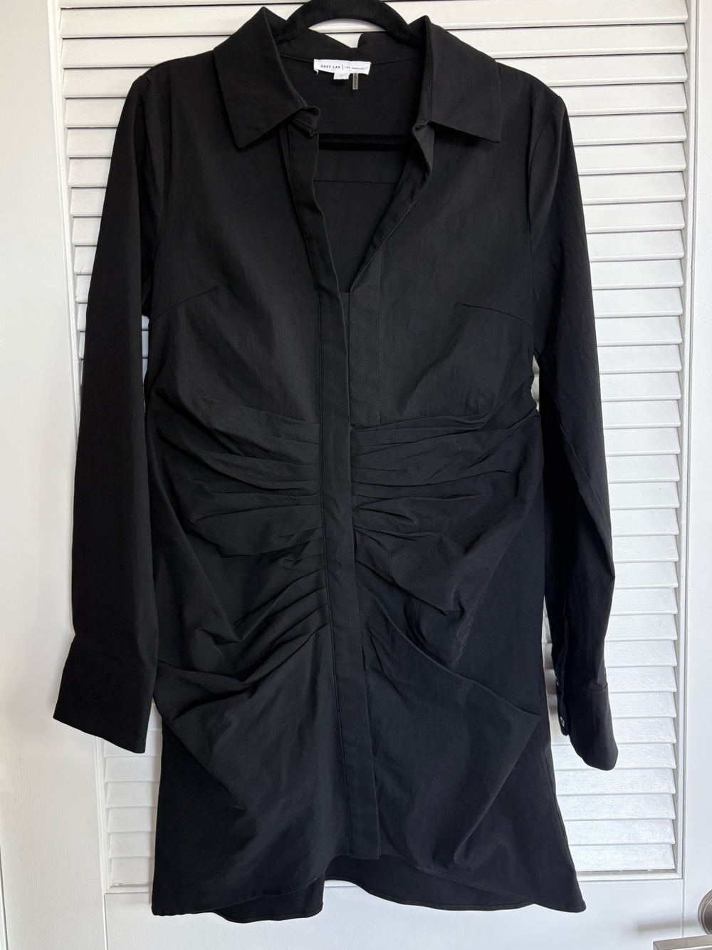 Black Ruched Button Front Shirt Dress Size L Minimalist Office LBD